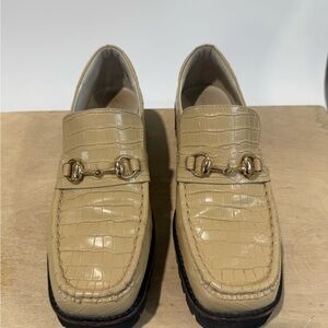 Women’s Intentionally Blank Croc-Embossed Lug Sole Loafers in Beige w Gold Bit
